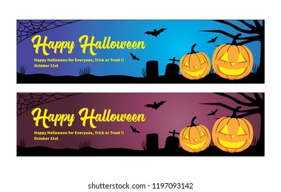 Set of Happy Halloween Banner, Trick or Treat. happy halloween banner with pumpkin lights and tombstone silhouette