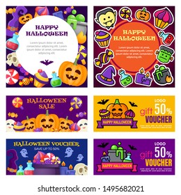 Set of Happy Halloween banners and gift vouchers. Happy Halloween banner design template. Vector illustration