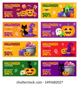 Set of Happy Halloween banners and gift vouchers. Happy Halloween banner design template. Vector illustration