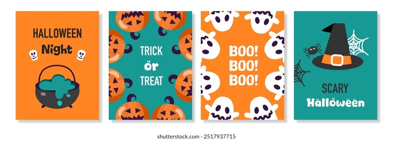 Set of Happy Halloween banners. Vector cute illustrations: pumpkin, funny skeleton, ghosts, for postcard creation, background, card and poster