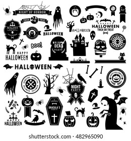 Set of Happy Halloween black silhouettes. Decoration elements. Vector illustration