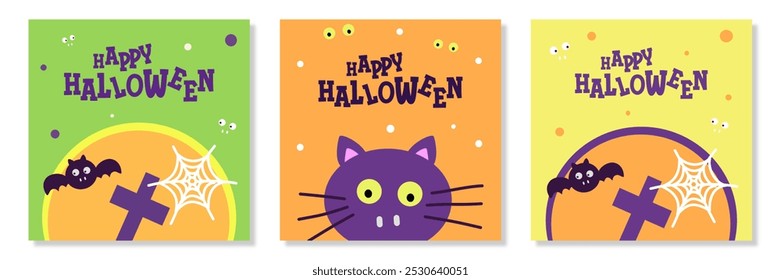 Set of Happy Halloween with calligraphy, cat, bat, spider web flat illustration and simple background for greeting sale banner, card, party invitation, advertising, web, social media, poster and flyer