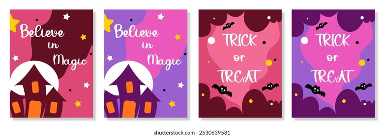 Set of Happy Halloween with calligraphy, cloud, castle, bat flat illustration and colorful background for greeting sale banner, card, party invitation, advertising, web, social media, poster and flyer