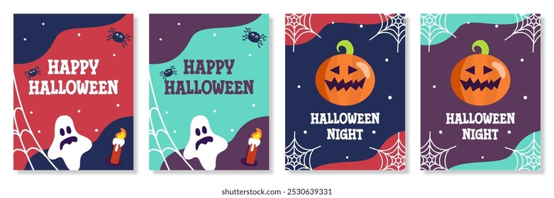Set of Happy Halloween with calligraphy, pumpkin, spider flat illustration and colorful background for greeting sale banner, card, party invitation, advertising, web, social media, poster and flyer