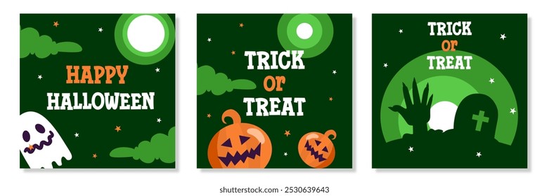 Set of Happy Halloween with calligraphy, pumpkin, ghost, grave flat illustration and green background for greeting sale banner, card, party invitation, advertising, web, social media, poster and flyer