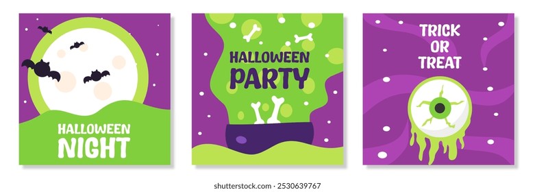 Set of Happy Halloween with calligraphy, skeleton, bat flat illustration and purple background for greeting sale banner, card, party invitation, advertising, web, social media, poster and flyer