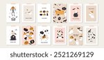 Set of happy Halloween cards design. Cute kawaii ghost, pumpkin and skeleton party poster template background. Scary spooky horror characters banner holiday invitation. Vector flat illustration