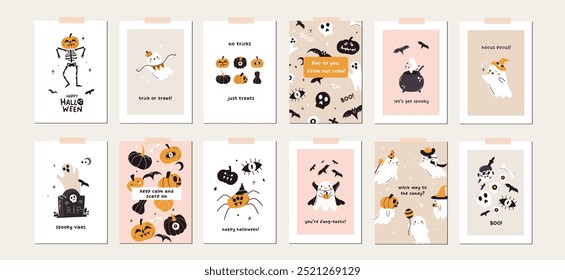 Conjunto de diseño de tarjetas de feliz Halloween. Lindo fantasma kawaii, calabaza y fondo de Plantilla de póster de fiesta de esqueleto. Scary spooky horror personajes invitación de vacaciones de Anuncio. Ilustración plana de Vector