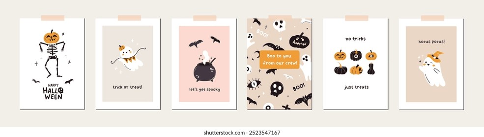 Set of happy Halloween cards design. Cute kawaii ghost, pumpkin and skeleton party poster template background. Scary spooky horror characters banner holiday invitation. Vector flat illustration 