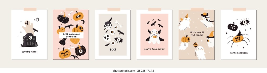 Set of happy Halloween cards design. Cute kawaii ghost, pumpkin party poster template background. Scary spooky horror characters banner holiday invitation. Vector flat illustration 