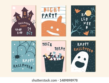 Set of Happy Halloween cards or invitations.  Funny holidays graphics. Vector hand drawn illustration.