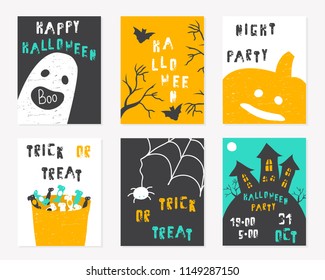 Set of happy Halloween cards for party. Vector hand drawn illustration.