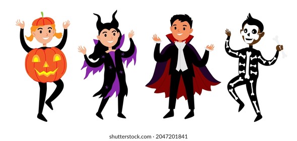 Set of happy halloween cartoon cute characters of vampire, skleleton, maleficent and pumpkin girl.