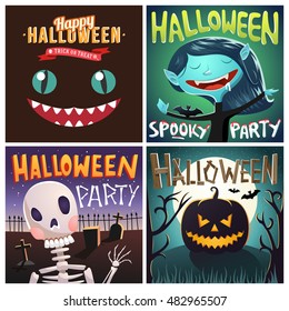 Set of Happy Halloween cartoon illustrations. Party posters or flyer design template. Vector illustration