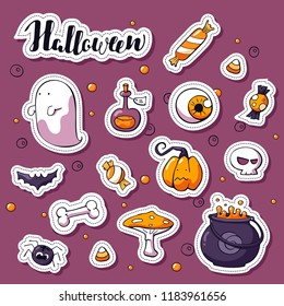 Set of Happy Halloween cartoon stickers. Vector hand drawn objects: pot, bat, skull, ghost, sweets, pumpkin, spider, potion. Label design elements. Halloween lettering.