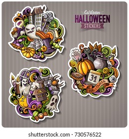 Set of Happy Halloween cartoon stickers. Vector hand drawn objects and symbols collection. Label design elements. Cute patches, pins, badges series. Comic style.