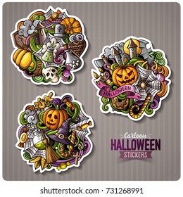 Set of Happy Halloween cartoon stickers. Vector hand drawn objects and symbols collection. Label design elements. Cute patches, pins, badges series. Comic style.