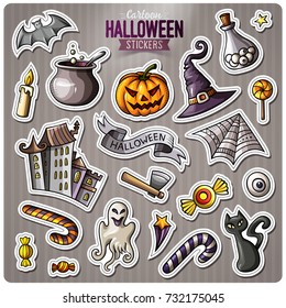 Set of Happy Halloween cartoon stickers. Vector hand drawn objects and symbols collection. Label design elements. Cute patches, pins, badges series. Comic style.