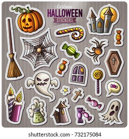 Set of Happy Halloween cartoon stickers. Vector hand drawn objects and symbols collection. Label design elements. Cute patches, pins, badges series. Comic style.
