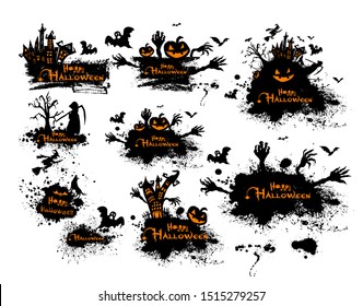 Set Happy Halloween. A castle of horrors with ghosts. Greeting card for the holiday of October 31. Vector illustration