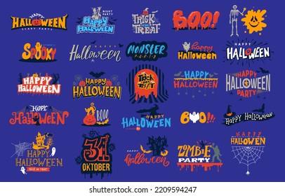 Set of Happy Halloween colored Lettering. Design elements silhouettes black icon and character Halloween lettering. Hand drawn vector, creepy and spooky elements for decorations, sketch, icon, sticker