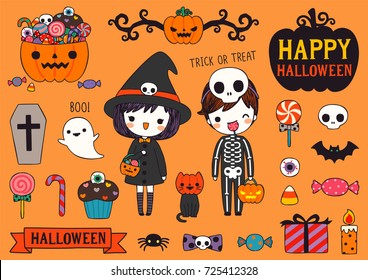 Set of happy halloween day with cute couple boy, girl and cat wearing halloween costumes, cute cartoon icons, text and design elements collection. Flat design. Vector illustration.