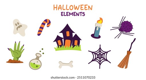 Set of Happy Halloween day element background vector. Cute collection of spooky ghost, pumpkin, bat, cat, skull, spider, grave, moon. Adorable halloween festival elements for decoration, prints.