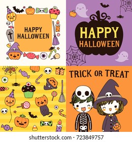 Set of happy halloween day greeting card, postcard, poster with cute couple boy and girl wearing halloween costumes, cute icons, text and design elements collection. Flat design. Vector illustration.