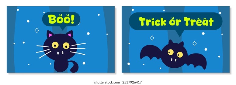 Set of Happy Halloween day poster or banner vector template. Halloween cute cat and bat cartoon style on blue background 