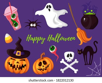 Set of Happy Halloween design elements. Halloween logos, badges, labels, icons, objects. Vector illustration 