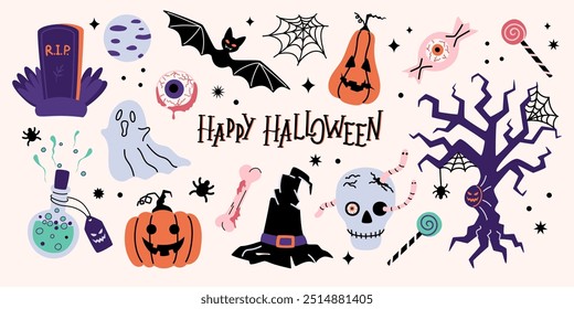 Conjunto de Elementos de diseño de Halloween feliz. calabazas, fantasma, árbol, cráneo, sombrero de mago, lápida, poción, Web, arañas, etc. Ilustración vectorial en estilo plano.
