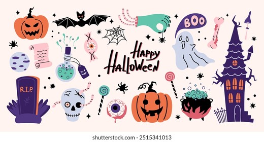 Set of Happy Halloween design elements. Pumpkins, ghost, haunted house, skull, cauldron, tombstone, spell, web, spider etc. Vector illustration in flat style.
