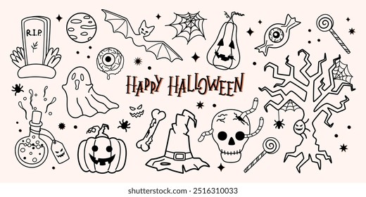 Set von Happy Halloween Designelementen im Doodle-Stil. Kürbisse, Geist, Baum, Schädel, Zauberhut, Grabstein, Trank, Netz, Spinnen usw. Vektorgrafik.
