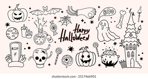 Set of Happy Halloween design elements in doodle style. Pumpkins, ghost, haunted house, skull, cauldron, tombstone, spell, web, spider etc. Vector illustration.
