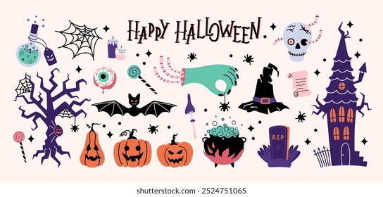 Set von Happy Halloween Designelementen. Kürbisse, Geist, Baum, Schädel, Zauberhut, Grabstein, Trank, Netz, Spinnen usw. Vektorgrafik im flachen Stil.
