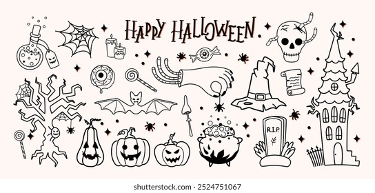 Set von Happy Halloween Designelementen im Doodle-Stil. Kürbisse, Spukhaus, Schädel, Kessel, Grabstein, Zauber, Netz, Spinne usw. Vektorgrafik.
