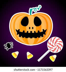 Set Happy Halloween design sign. Jack pumpkin lantern. Vector illustration on a dark background.