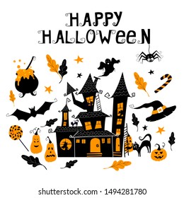 Set with Happy Halloween design silhouette elements drawn in doodle style with hand written lettering. Vector illustration for invitation, party flyers, greetings cards, posters