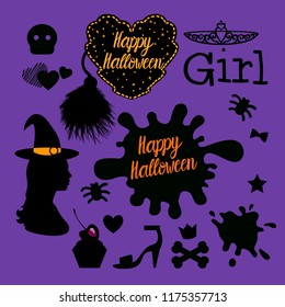 Set Happy Halloween design. Vector illustration isolated on a purple background.