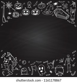 set of Happy Halloween doodles hand drawn Line icons on Chalkboard Background.printing wallpaper.vector illustration 