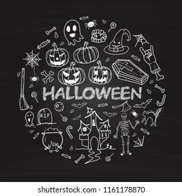 set of Happy Halloween doodles hand drawn Line icons on Chalkboard Background.printing wallpaper.vector illustration 