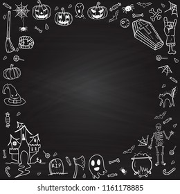 set of Happy Halloween doodles hand drawn Line icons on Chalkboard Background.printing wallpaper.vector illustration 