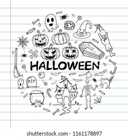 set of Happy Halloween doodles hand drawn Line icons on notebook paper sheet Background.printing wallpaper.vector illustration 