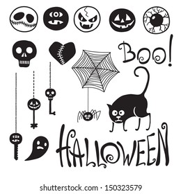 Set Happy Halloween! Emoticons Halloween. Cat. Spider. Keys. Vector illustration.