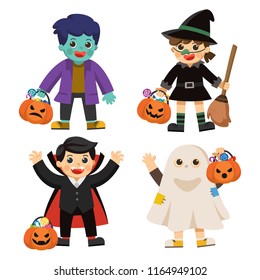 Set of Happy Halloween. Funny children in colorful costumes and pumpkin basket with candy. Ghost , Zombie, Witch, Dracula.