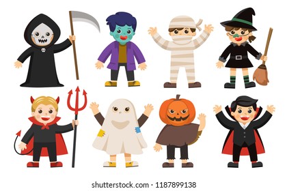 Set of Happy Halloween. Funny children in colorful costumes.