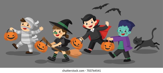 Set of Happy Halloween. Funny children in colorful costumes and a cat. zombie, mummy, witch, Dracula. 