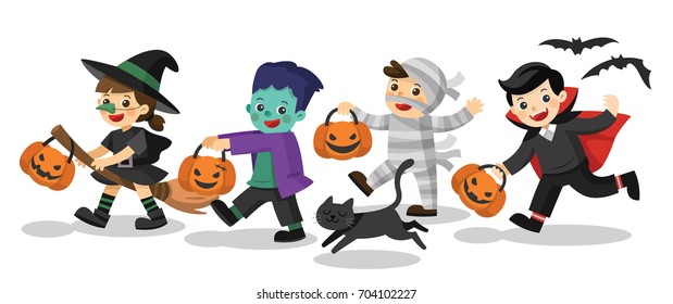 Set of Happy Halloween. Funny children in colorful costumes and a cat. zombie, mummy, witch, Dracula. 