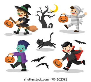Set of Happy Halloween. Funny children in colorful costumes and a cat. zombie, mummy, witch, Dracula. 