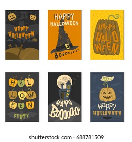 Set of happy halloween greeting card vector illustration party invitation design with spooky emblem.